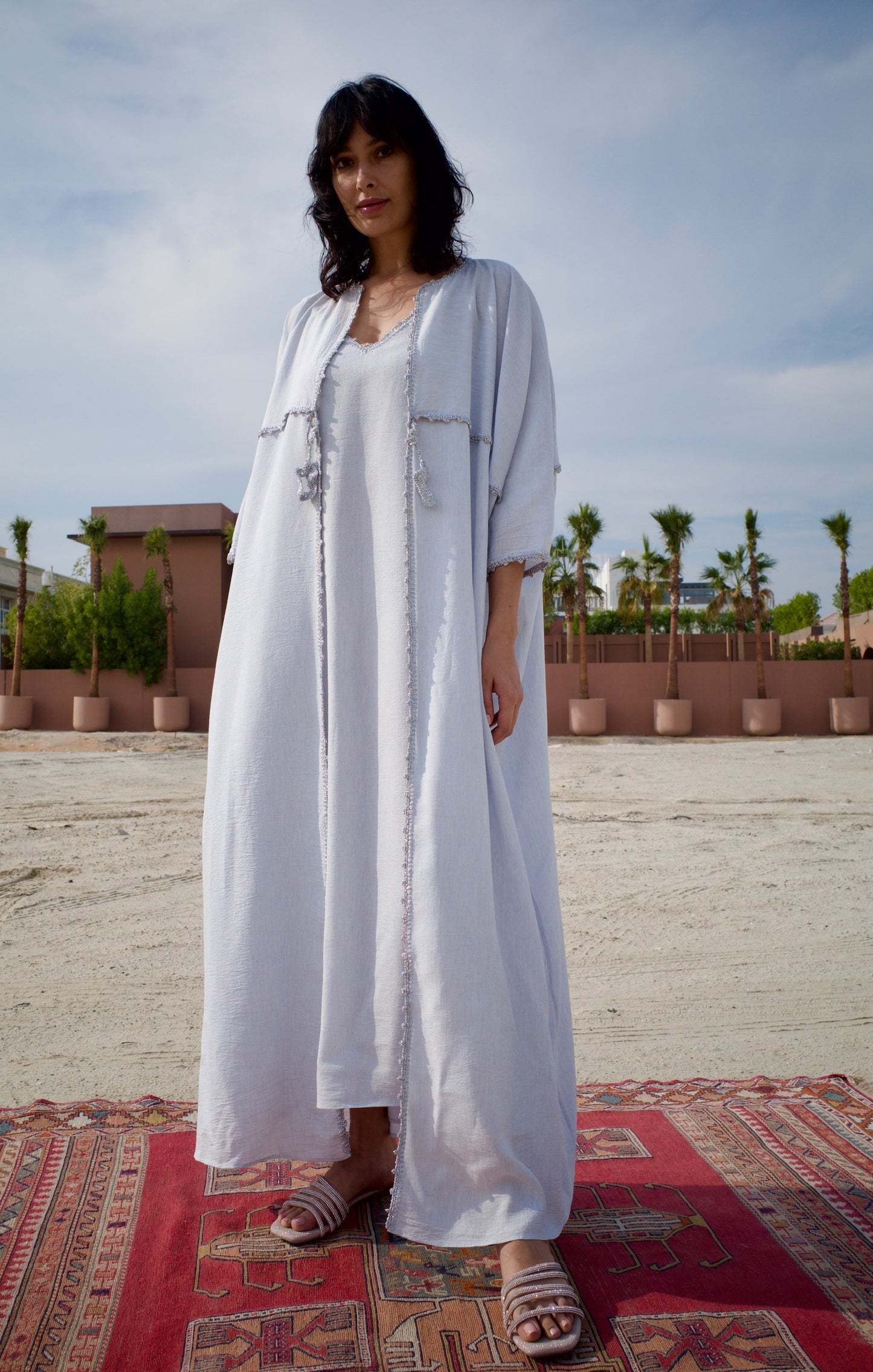 Silk jacquard abaya set with handmade crochet sleeves - White