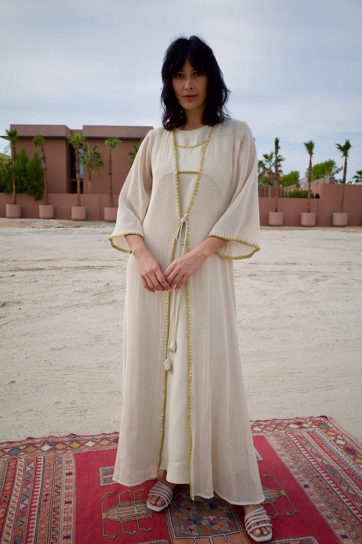 Net cotton -linen abaya set with handmade crochet - Beige