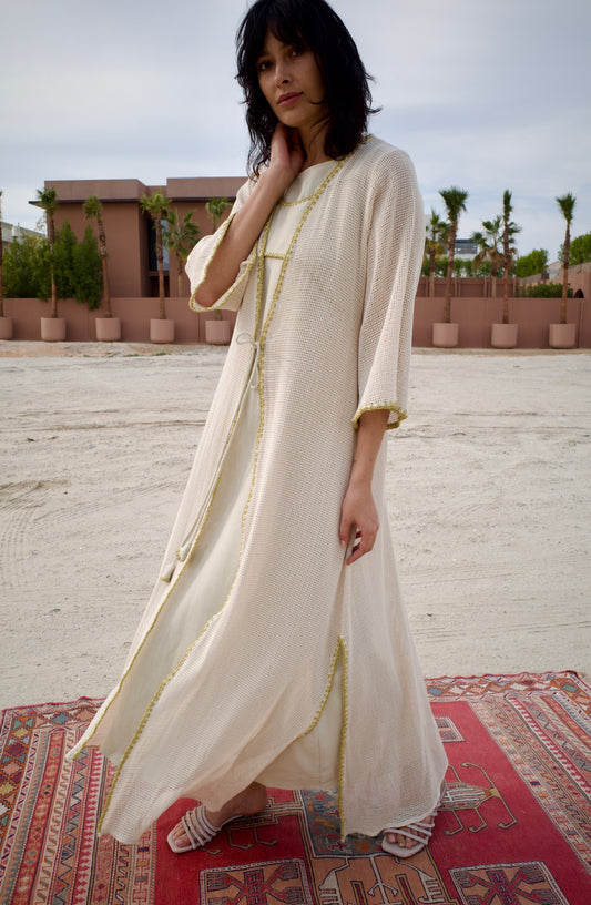 Net cotton -linen abaya set with handmade crochet - Beige