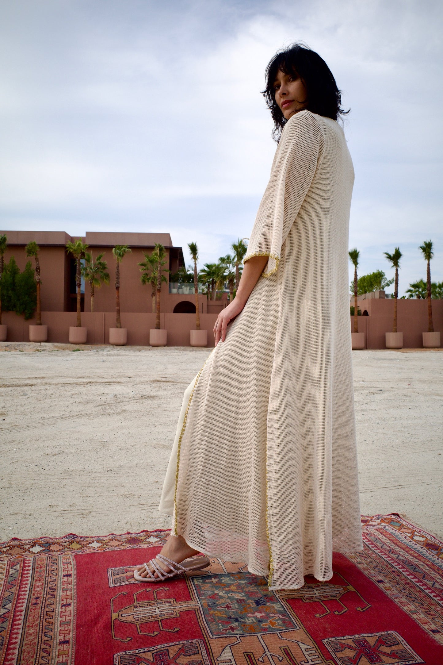 Net cotton -linen abaya set with handmade crochet - Beige