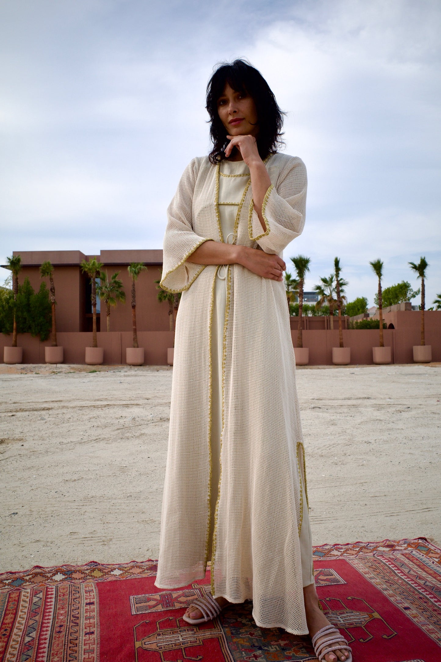 Net cotton -linen abaya set with handmade crochet - Beige