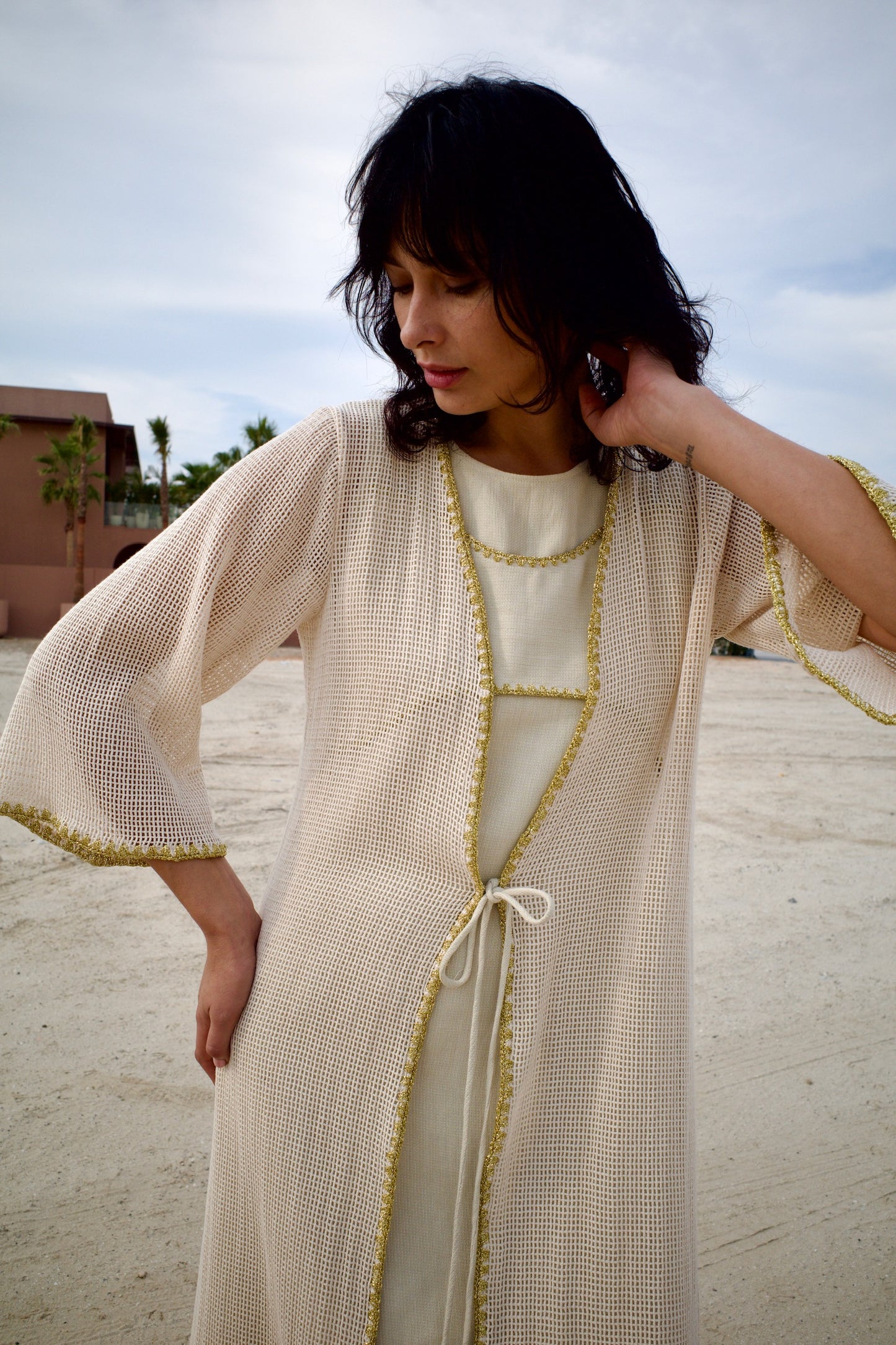 Net cotton -linen abaya set with handmade crochet - Beige