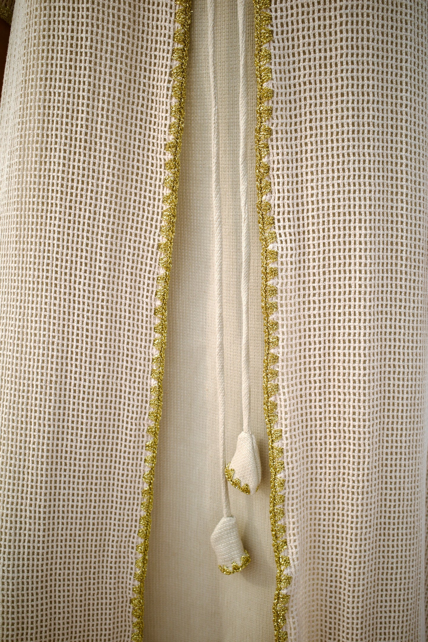 Net cotton -linen abaya set with handmade crochet - Beige