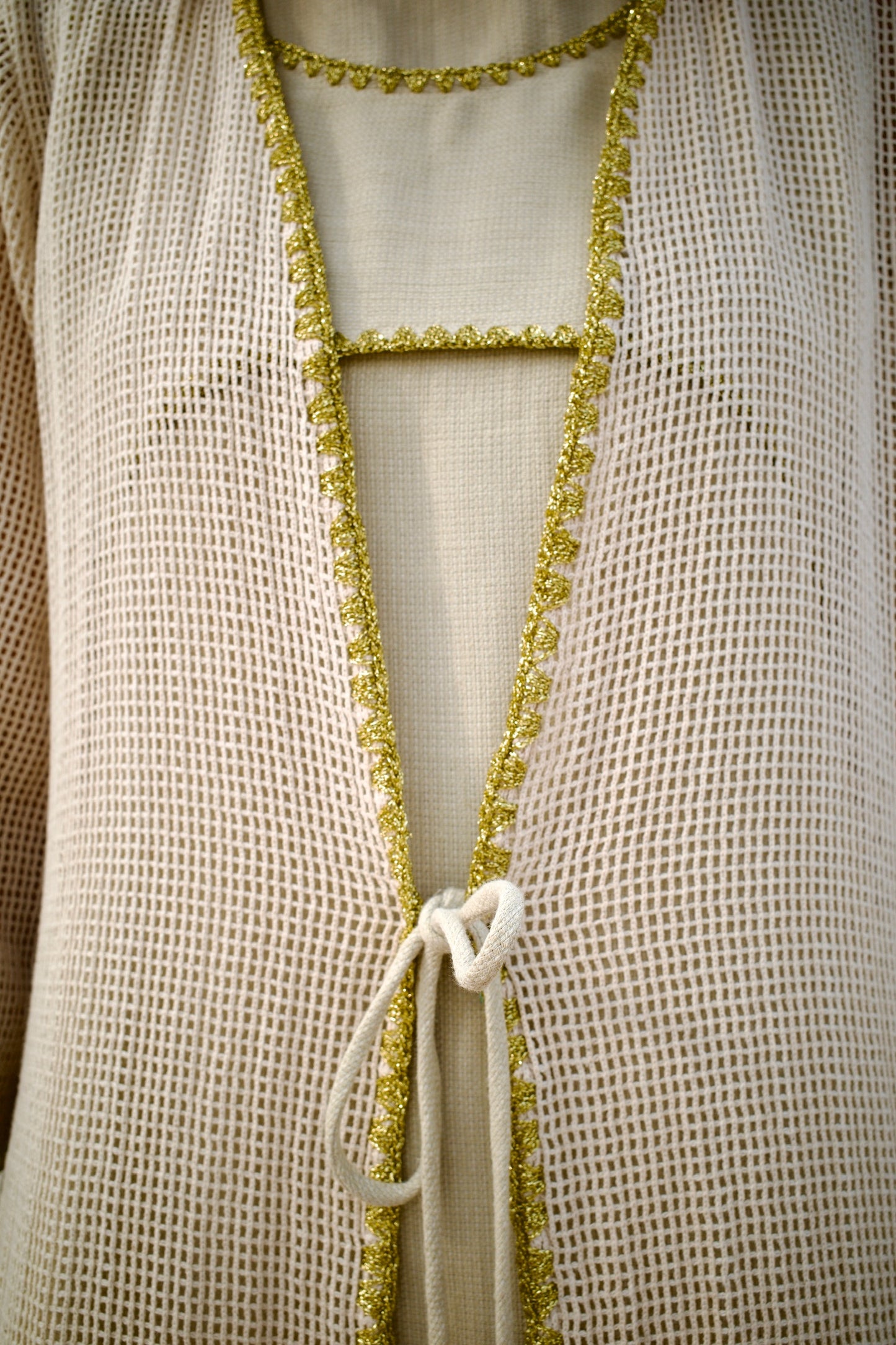 Net cotton -linen abaya set with handmade crochet - Beige