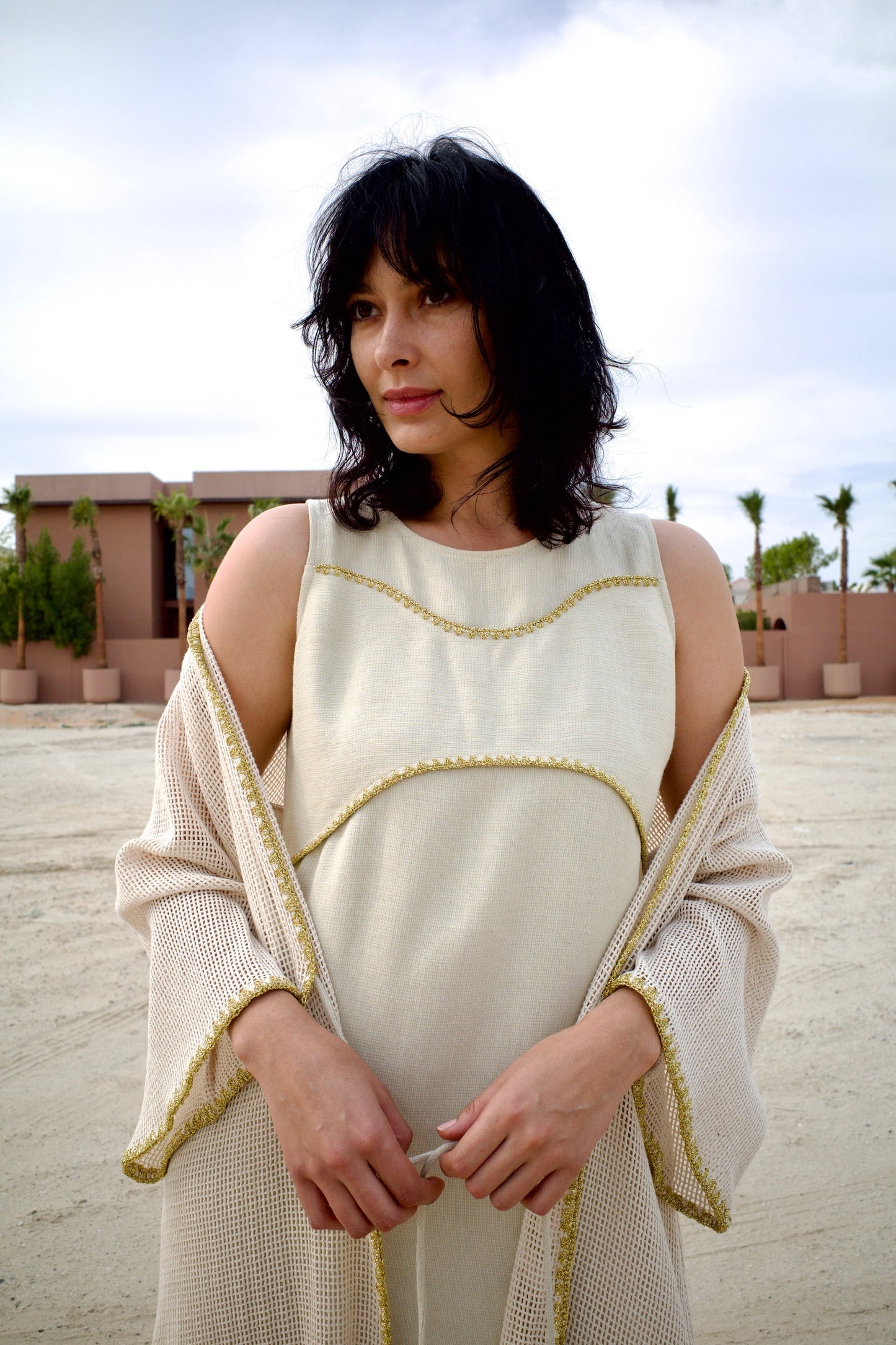 Net cotton -linen abaya set with handmade crochet - Beige