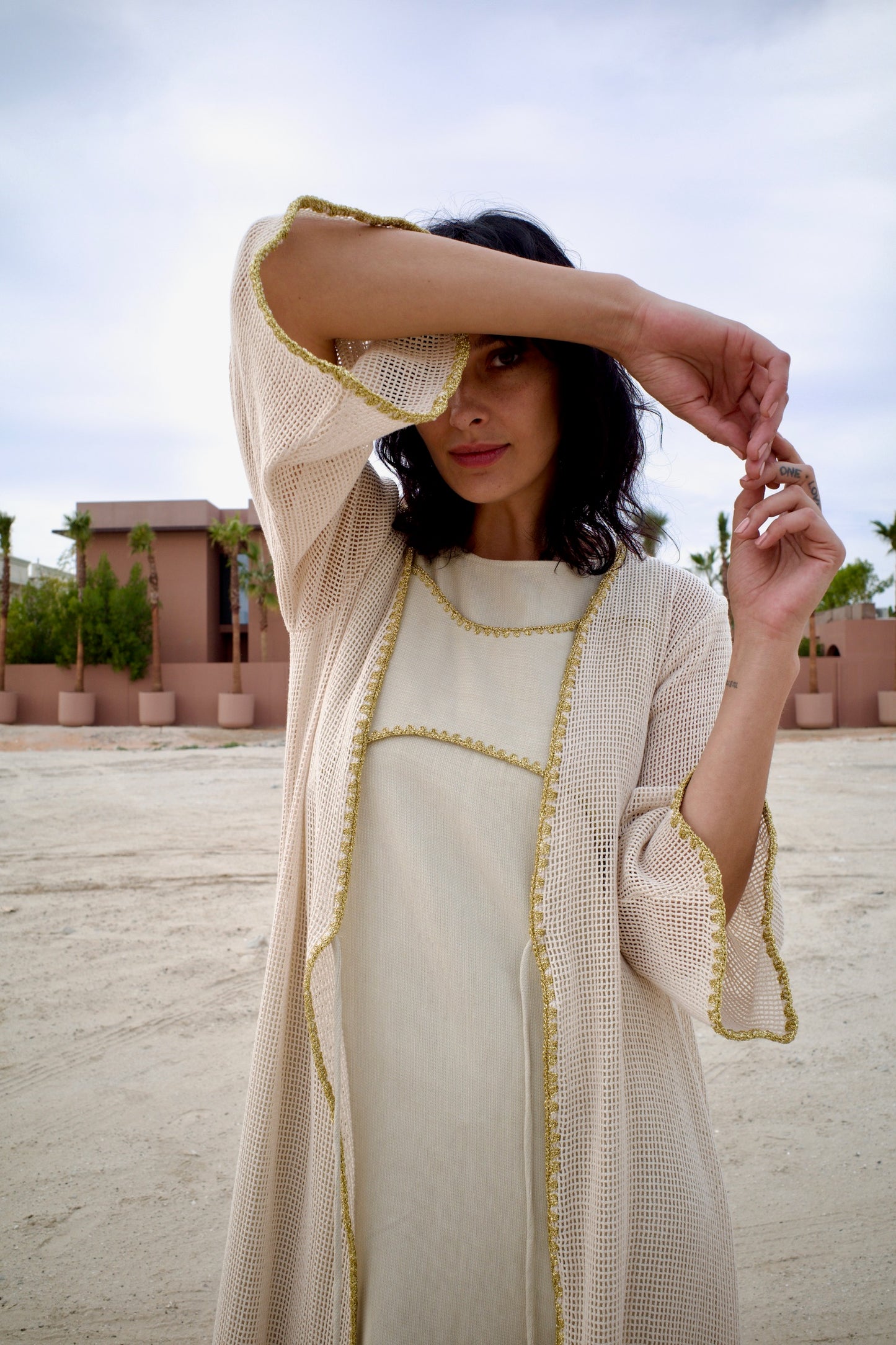 Net cotton -linen abaya set with handmade crochet - Beige