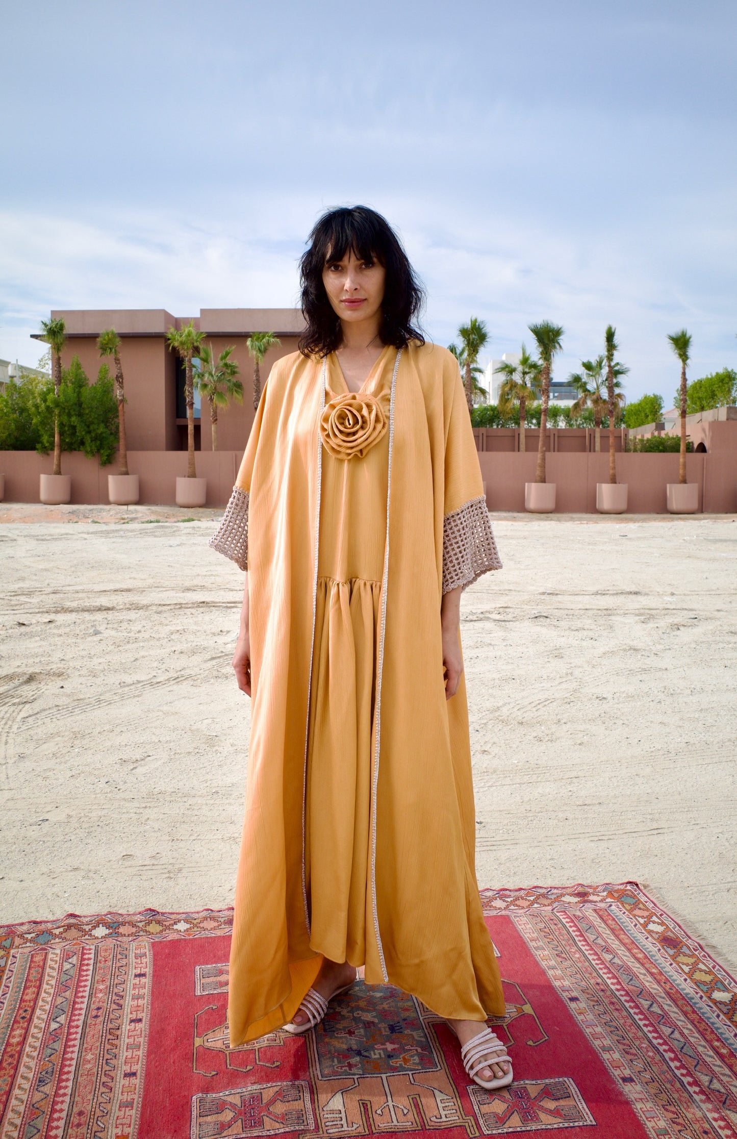 Silk abaya set with handmade crochet sleeves - Gold