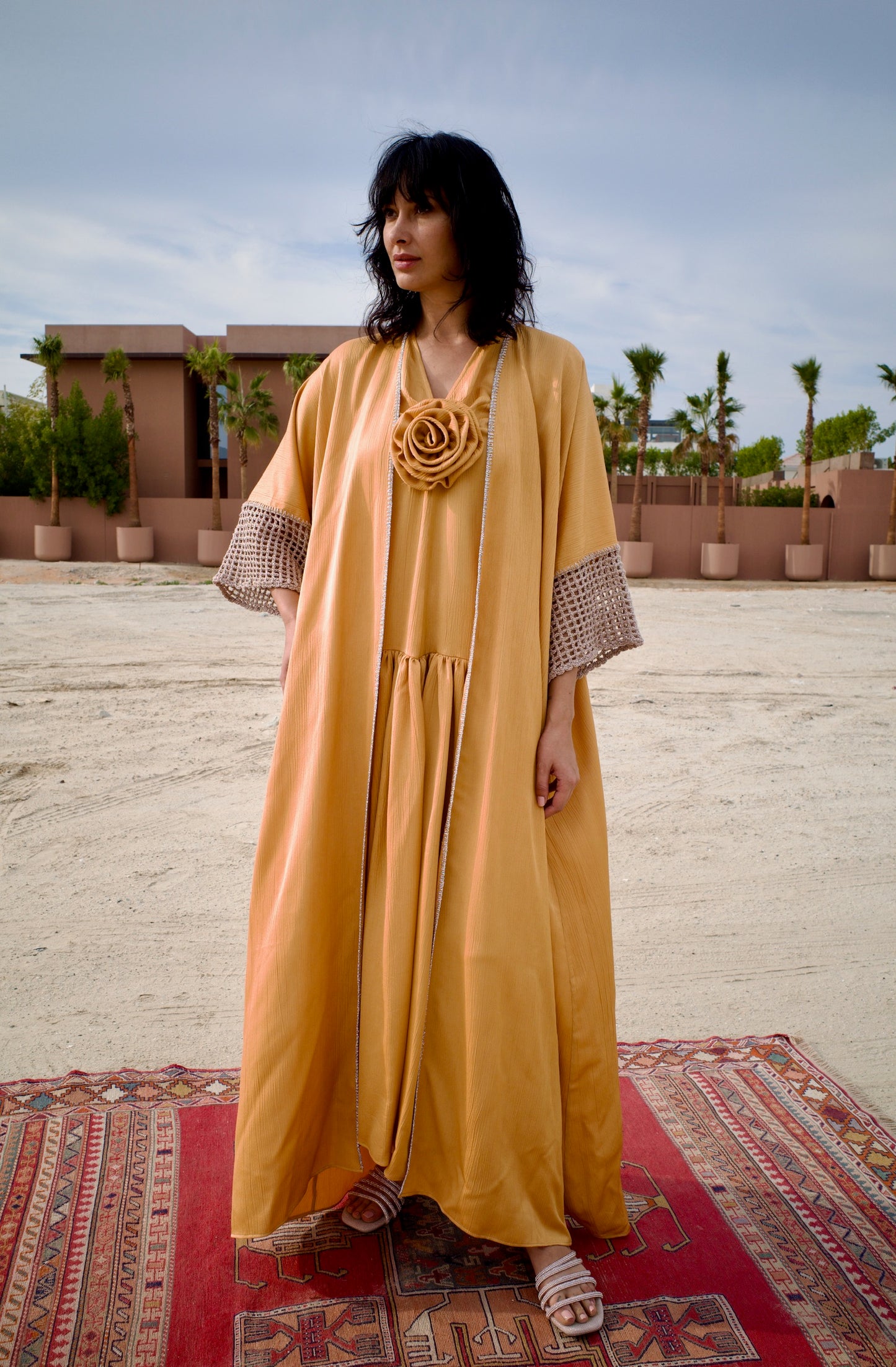 Silk abaya set with handmade crochet sleeves - Gold