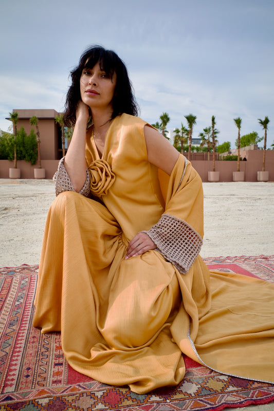 Silk abaya set with handmade crochet sleeves - Gold