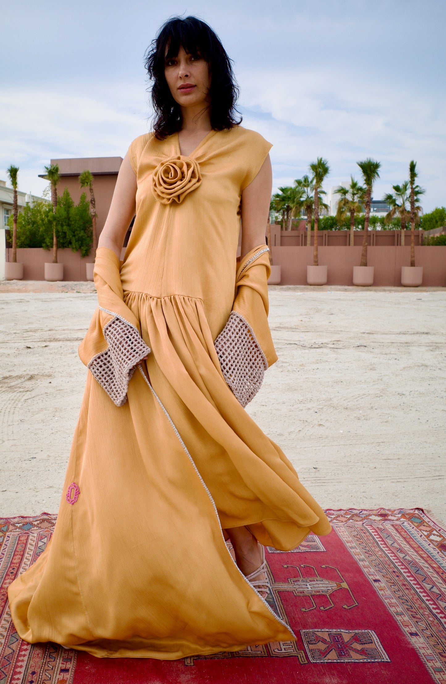 Silk abaya set with handmade crochet sleeves - Gold