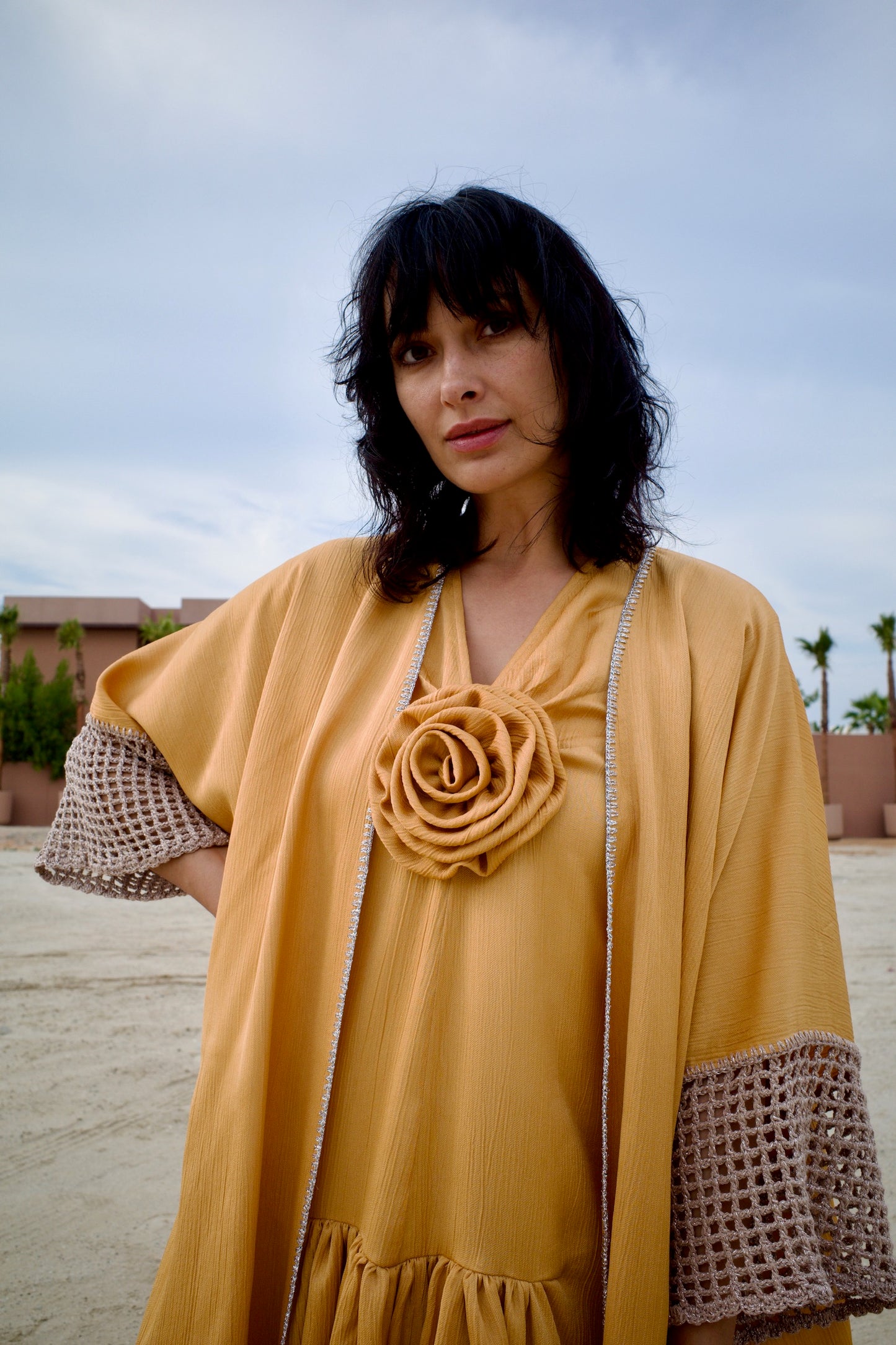 Silk abaya set with handmade crochet sleeves - Gold