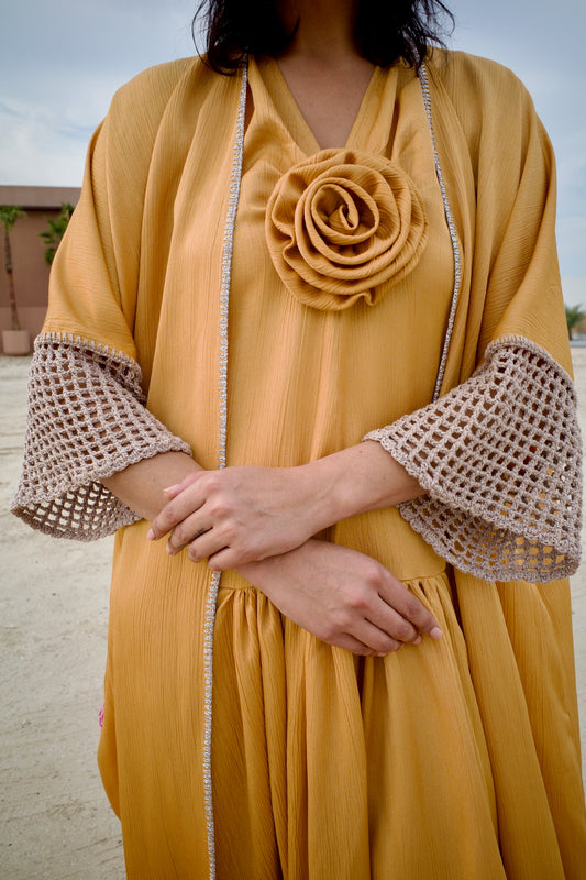 Silk abaya set with handmade crochet sleeves - Gold