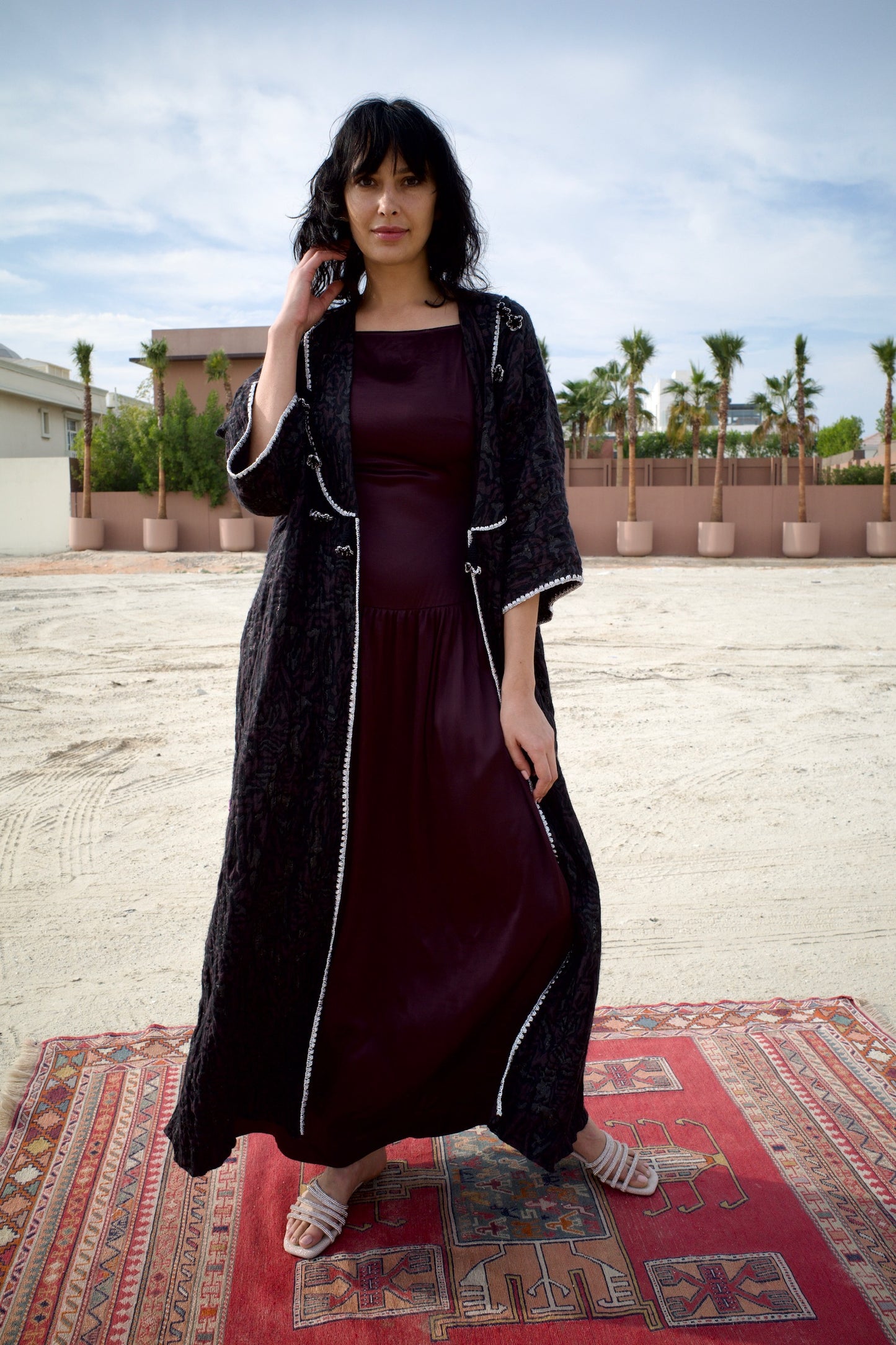 Abaya set with handmade crochet - Deep Maroon