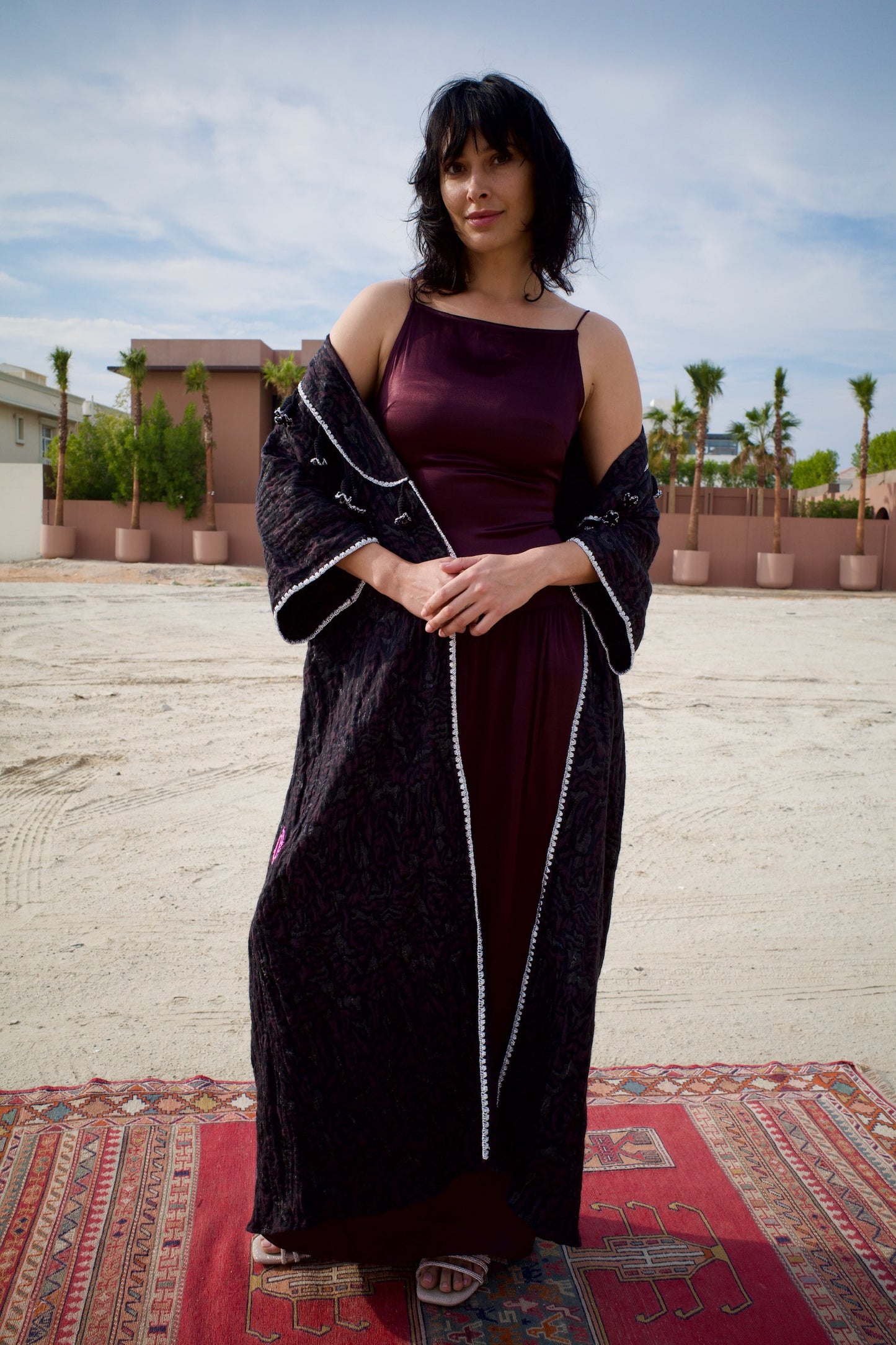Abaya set with handmade crochet - Deep Maroon