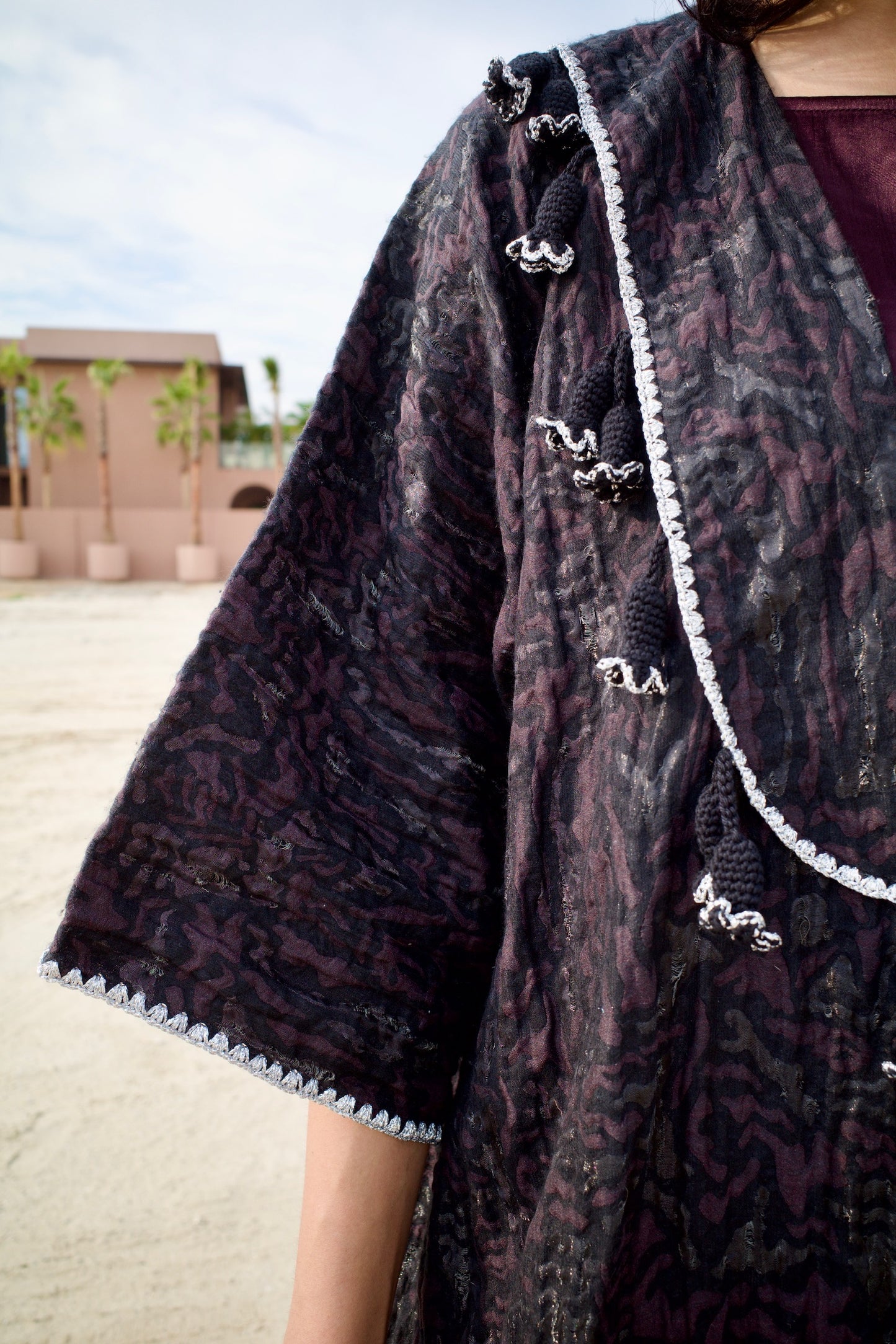 Abaya set with handmade crochet - Deep Maroon