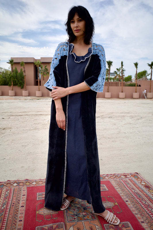 Corduroy abaya set with handmade crochet - Navy Blue