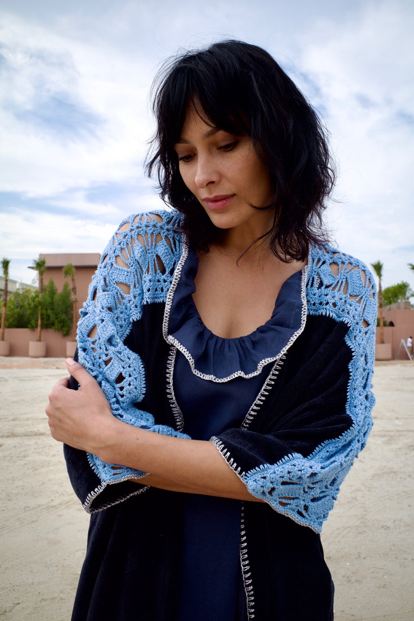 Corduroy abaya set with handmade crochet - Navy Blue