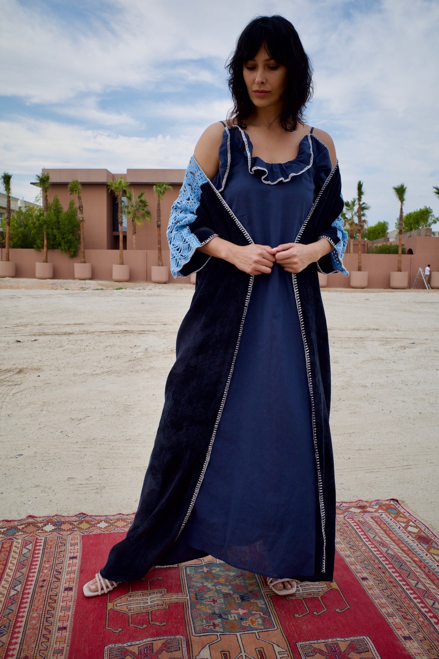 Corduroy abaya set with handmade crochet - Navy Blue