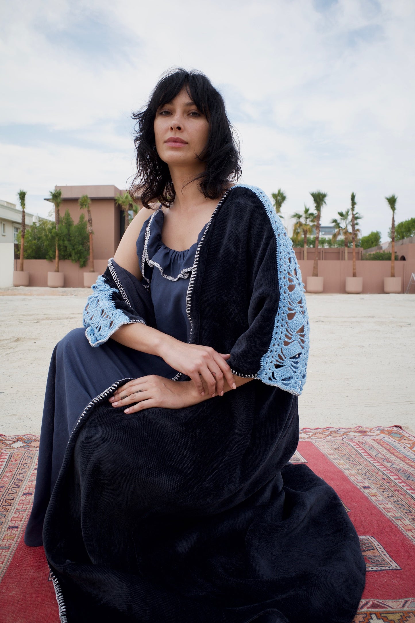 Corduroy abaya set with handmade crochet - Navy Blue