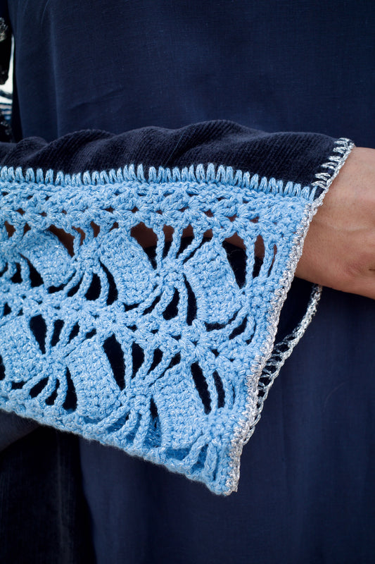 Corduroy abaya set with handmade crochet - Navy Blue