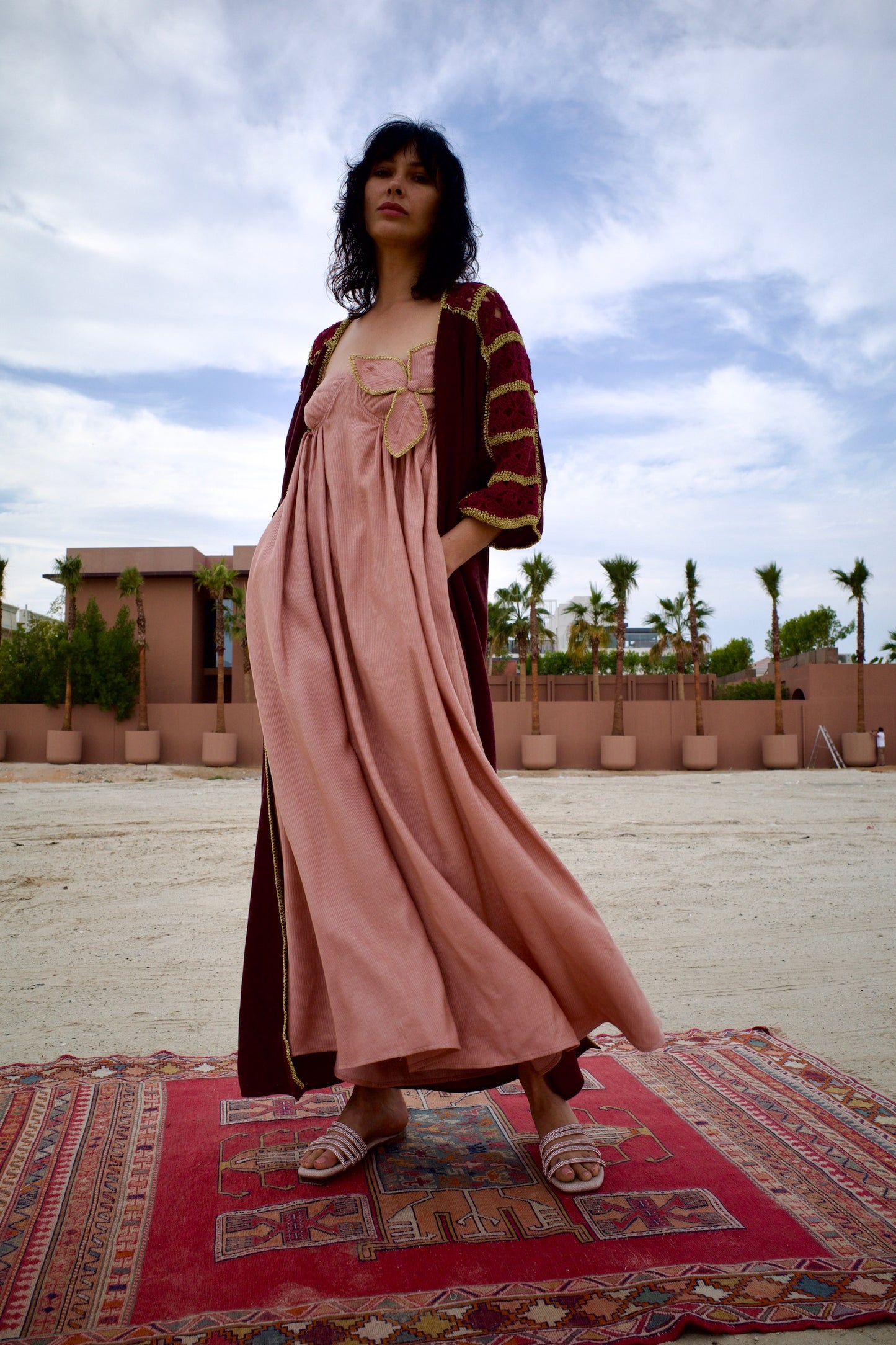 Corduroy abaya set with handmade crochet - Maroon/Pink
