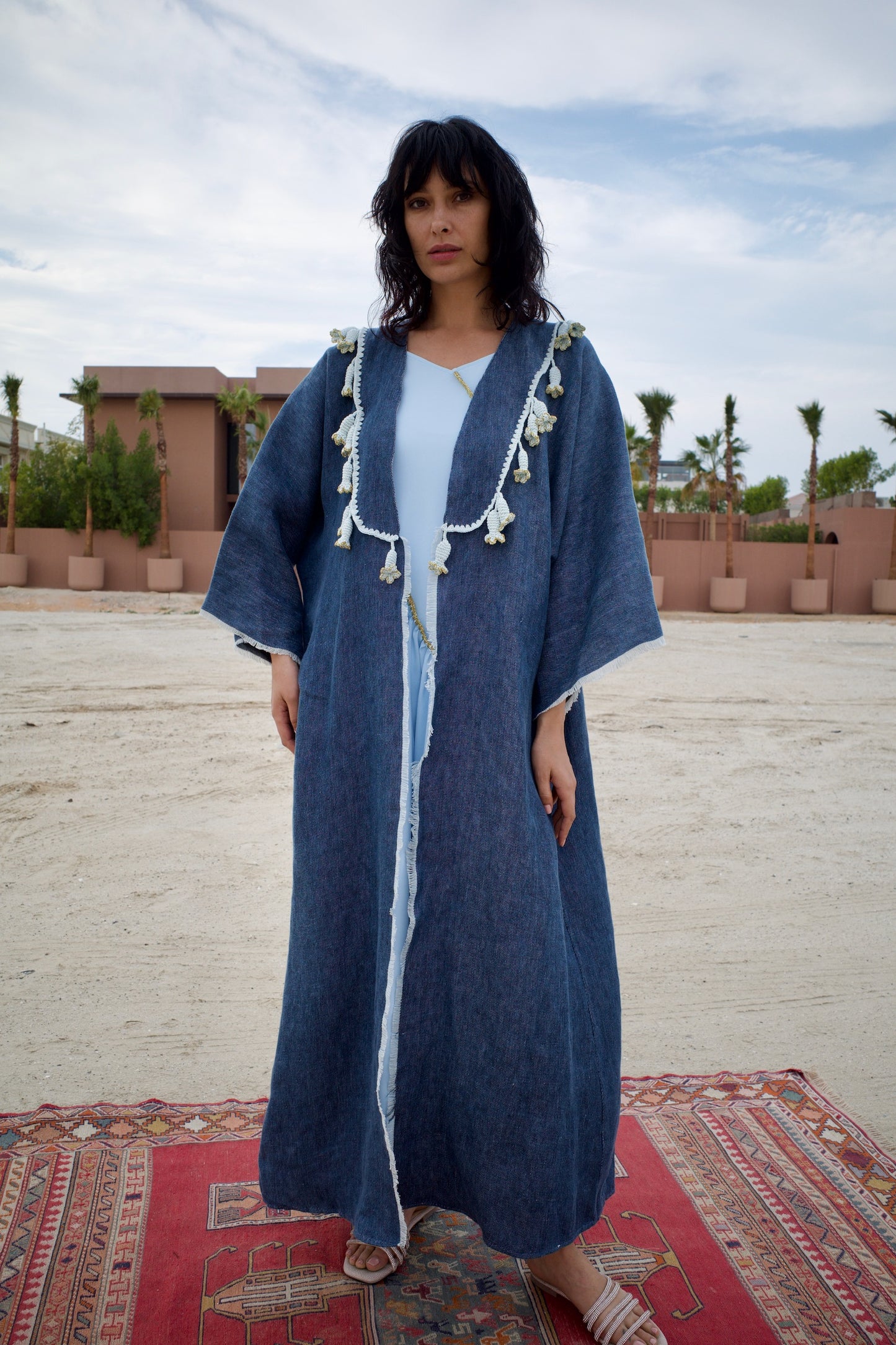 Linen abaya set with handmade crochet -  Denim