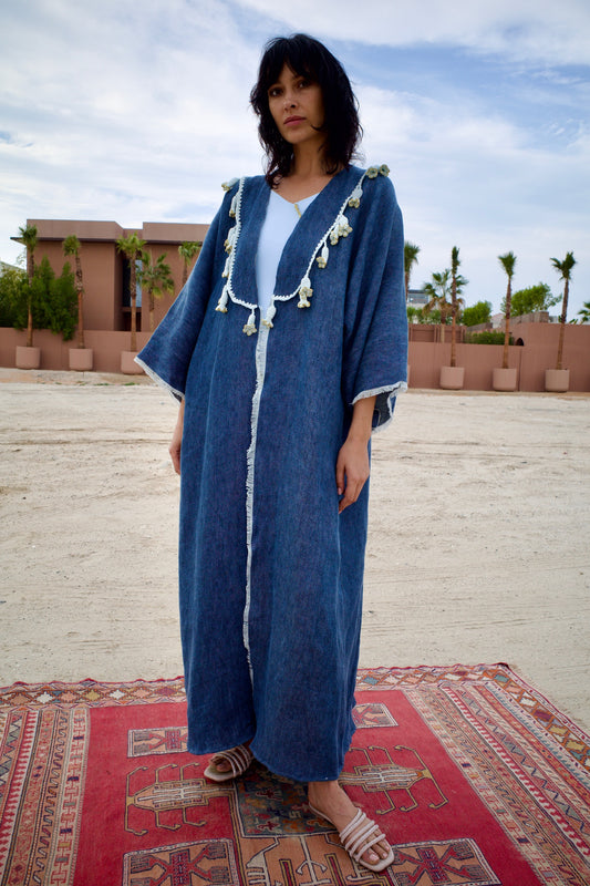 Linen abaya set with handmade crochet -  Denim