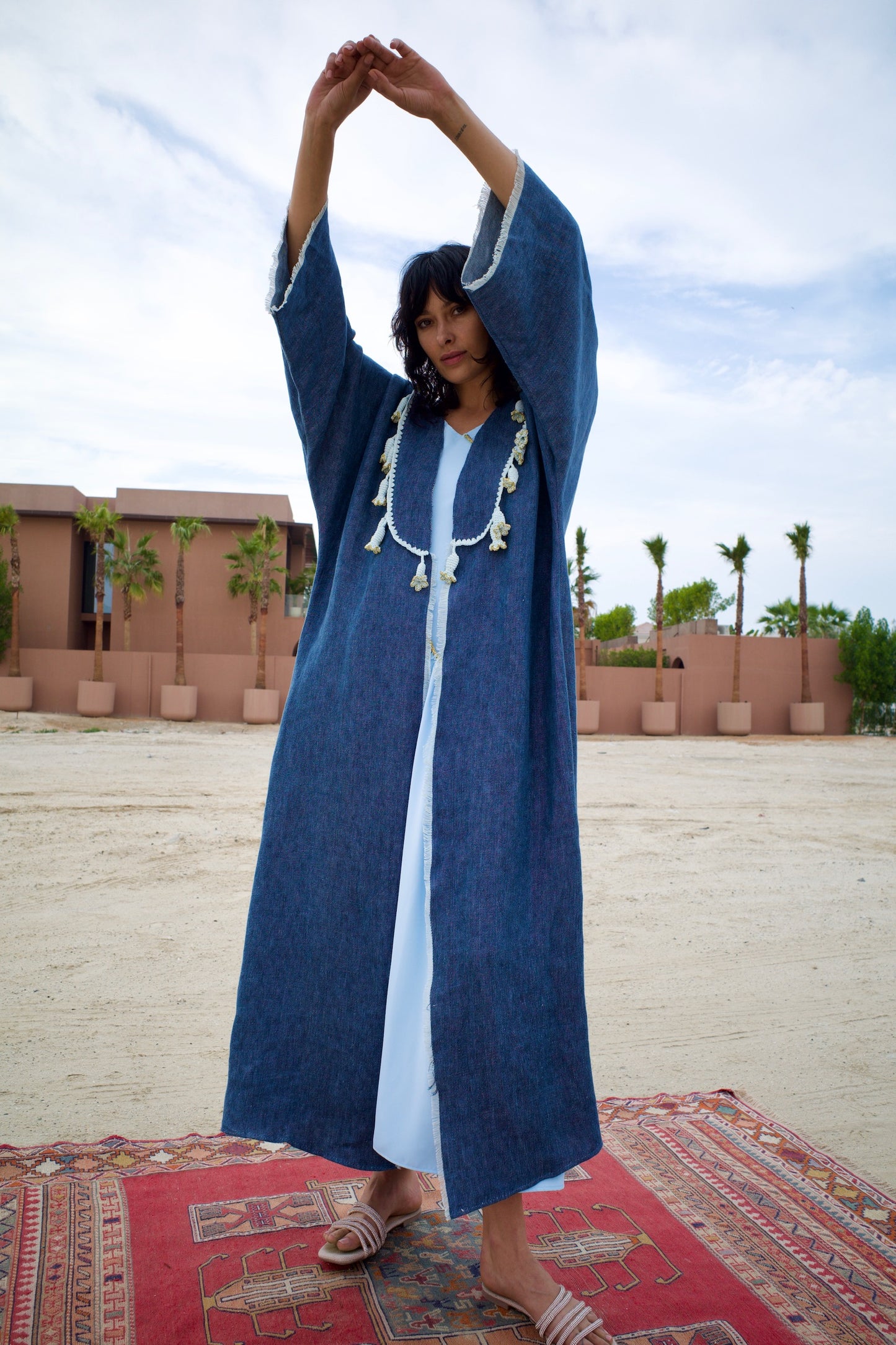 Linen abaya set with handmade crochet -  Denim