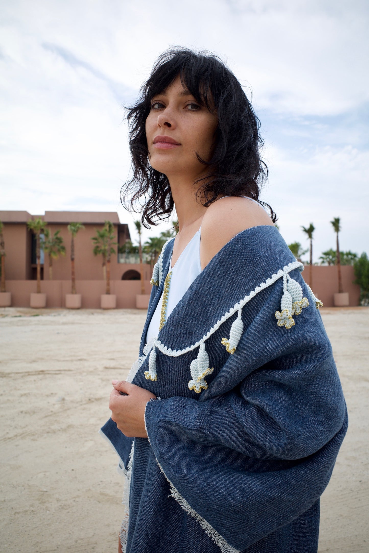 Linen abaya set with handmade crochet -  Denim