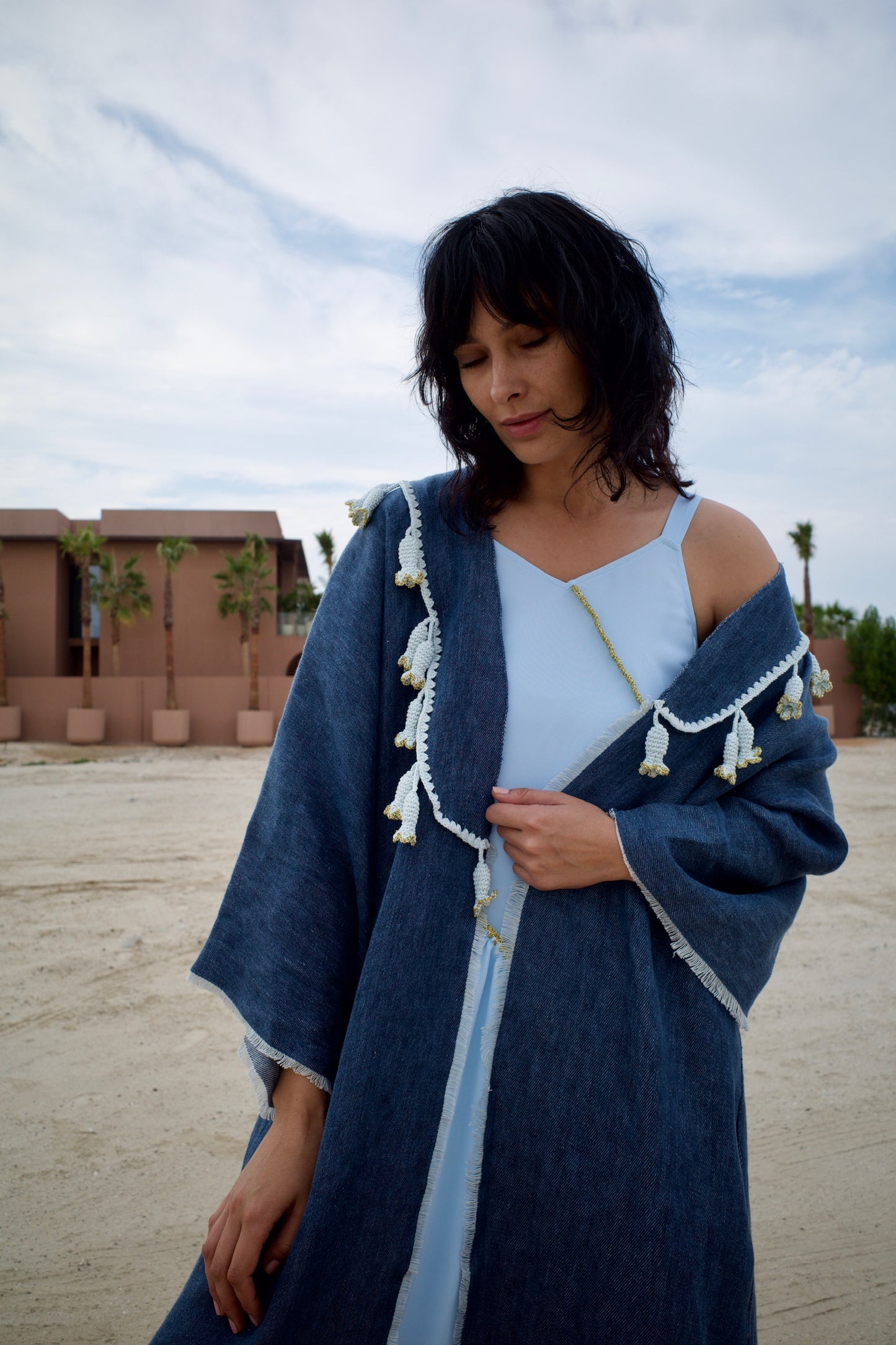 Linen abaya set with handmade crochet -  Denim