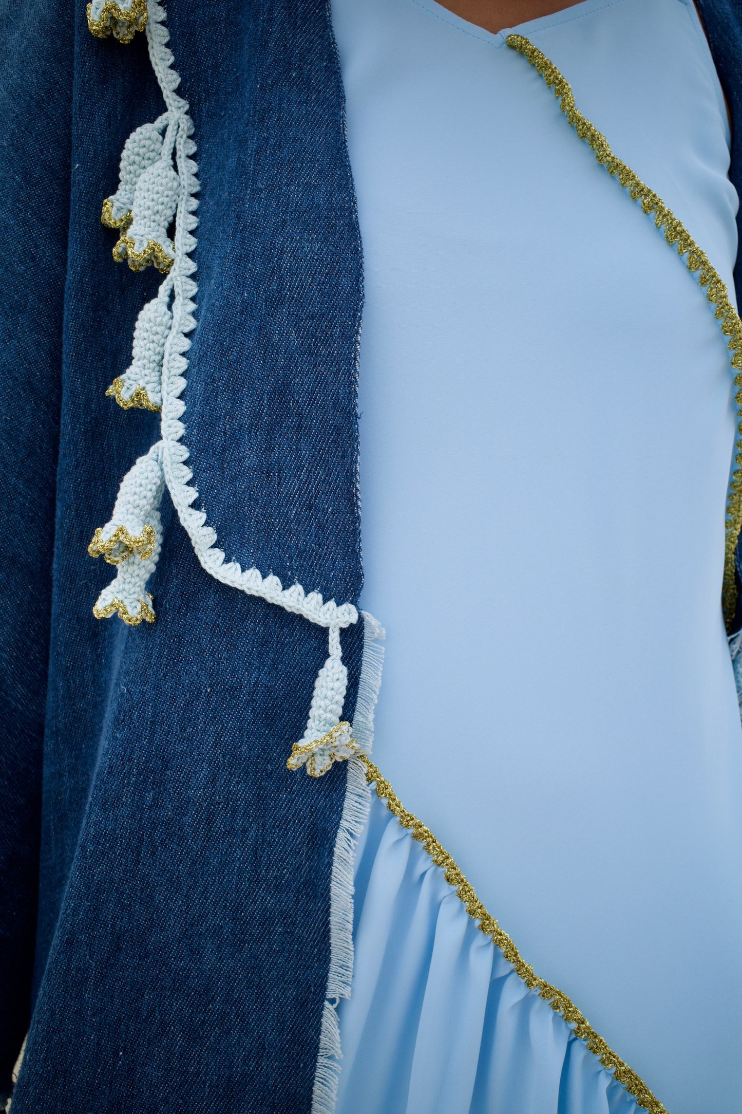 Linen abaya set with handmade crochet -  Denim